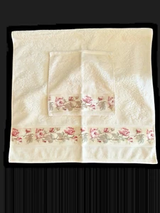 Vtg NOS Set Croscill Bath Towel & Face Washcloth Cream w Pink Rose 100% Cotton - Picture 1 of 7