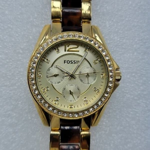 Fossil Riley Watch 37mm Gold Tone Tortoise Brown Resin Band 6.75" New Battery - Picture 1 of 16