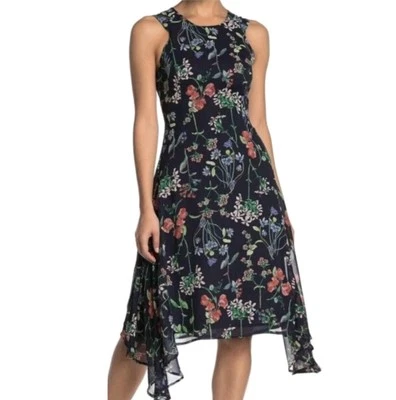 Tommy Hilfiger Women’s Trapeze Dress Sz 14 Navy Blue Floral Sleeveless Chiffon  - Image 1 of 4