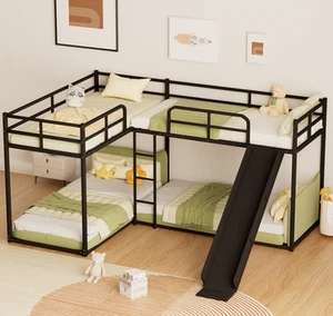 Full and Twin Size L-Shaped Metal Bunk Bed Frame w/Slide,Short Ladder, Guardrail - Picture 1 of 7