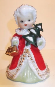 Vintage Lefton Weihnachtsengel Mädchen mit Baum & Glocken 1950’s Spaghetti Trim Japan - Bild 1 von 4