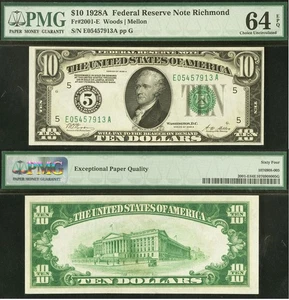 1928A $10 Federal Reserve Note PMG 64EPQ - Uncirculated - Richmond - Fr 2001-E - Picture 1 of 3
