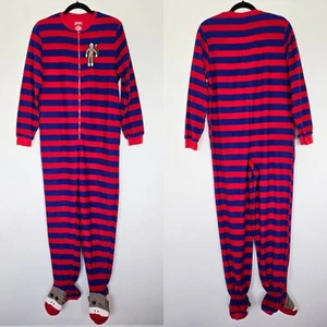 Nick & Nora Red Blue Stripe Fleece Sock Monkey Footed Pajamas Size S One Piece - Picture 1 of 11