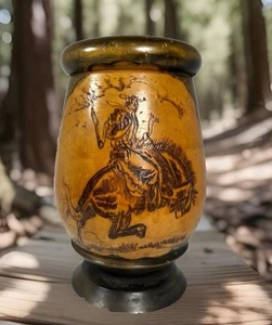 Studio Turned Wood Vase Carved Etched Cowboy Bucking Bronco Western - Picture 1 of 11