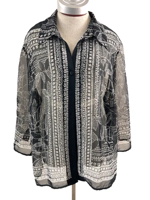 Kim Rogers Signature top size 3X Woman 3/4 sleeve sheer floral button up V neck - Image 1 of 4