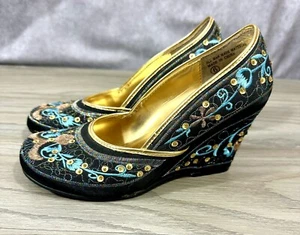 Women’s Bumper Wedge Shoes Sz 6 Embroidered Sequined Navy Blue 3” Heel - Picture 1 of 13