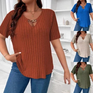 Plus Size Womens Ribbed T-Shirt Tee Ladies V Neck Casual Tunic Tops Blouse 20-28 - Picture 1 of 19