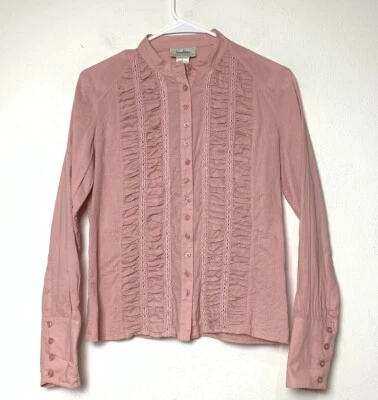 Blusa Campesina Pradera Neiman Marcus De Colección Talla PEQUEÑA Cuello Alto Botón Camisa Volantes Foto 1 de 4