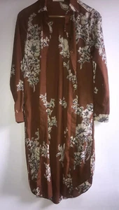 Bacio Dress Floral Design Flowy Light Button Down Long Sleeve Brown Small  - Picture 1 of 4