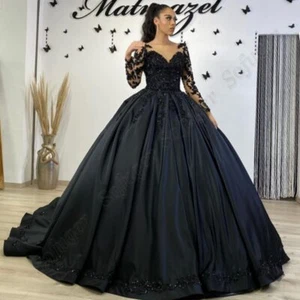 Black Muslim Wedding Dresses Illusion Back Applique Bead V Neck Bridal Gowns - Picture 1 of 6