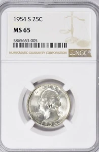 1954 S Washington Quarter NGC MS65 Bright White Chart Wheel U.S. 90% Silver 25c - Picture 1 of 2