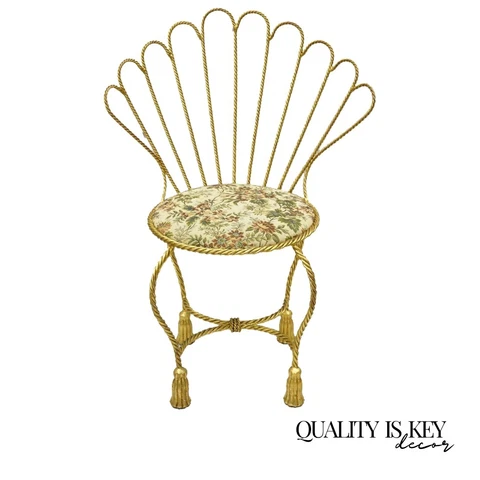 Italian Hollywood Regency Gold Gilt Iron Fan Rope Back Vanity Chair Tassel Feet Cover