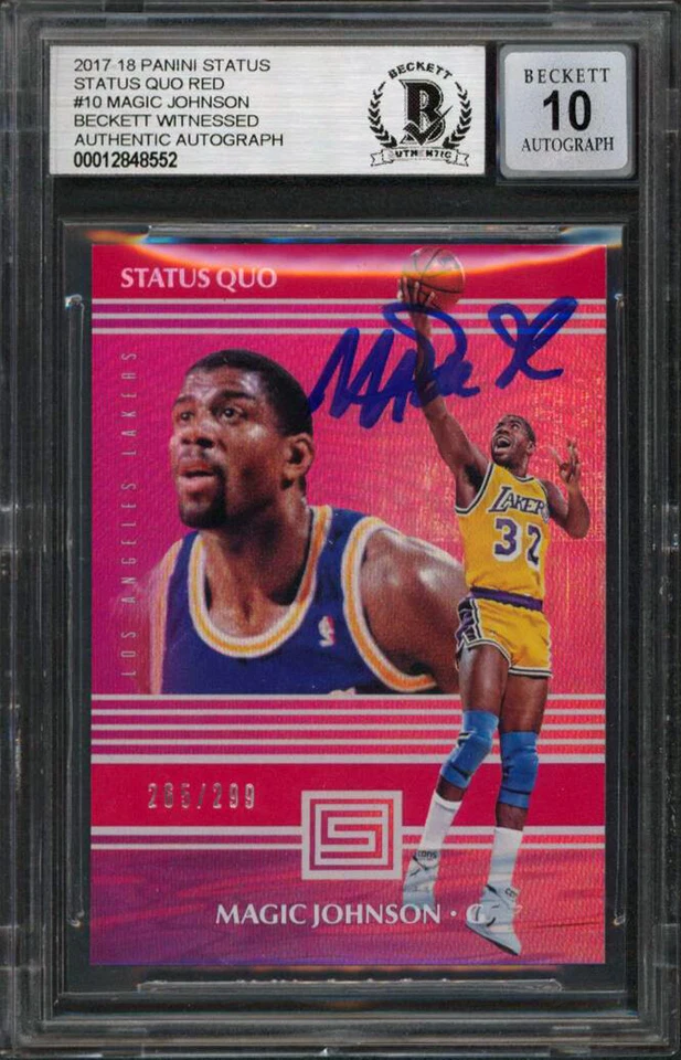 Magic Johnson Signed 2017 Panini Status Quo Red 10 265/299 Card Auto 10 BAS Slab - Image 1 of 2