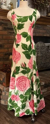 Vintage 60s Floral Mod Hippie Maxi Dress Psychedelic Art 50s Heavy Material S/M - Image 1 of 4