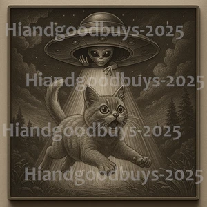 Handmade Laser Engraved CAT BEING ABDUCTED BY AN ALIEN 4x4 Ceramic Tile - Picture 1 of 1