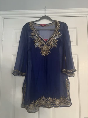 Vintage Navy Blue Silk Monsoon Tunic Top With Gold and Silver Sequins Size 10 - Image 1 of 4