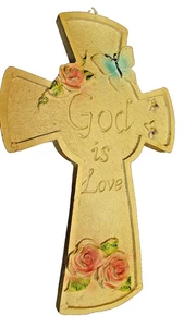Keramik Blumen CHRISTLICH Wandbehang Kreuz "Gott ist Liebe" Rosen Schmetterlinge 829 - Bild 1 von 4