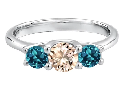 925 Sterling Silver Natural Morganite and London Blue Topaz Women's Band Ring - Image 1 of 4
