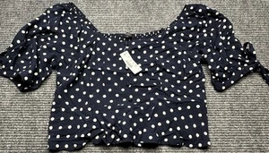 J Crew Shirt Womens Medium Navy Blue Polka Dot Puff Sleeve Button Front Top - Picture 1 of 13