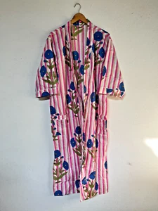 Indian Handmade Multicolor Floral Printed Cotton Kimono Robe Women Dressing Gown - Picture 1 of 3