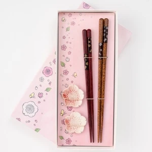 Matsukan Sakura Pair Chopsticks & Chopstick Rests Set Made in JP, Brown & Red - Picture 1 of 3