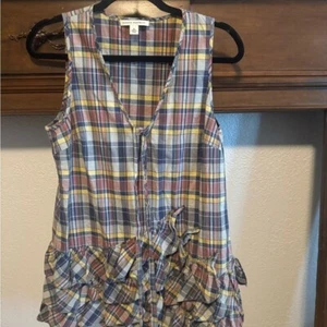 Vintage Banana Republic Brown and Blue Ruffled Blouse - Picture 1 of 3