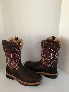 Justin Western Work Boots Rust Ostrich Print Men Composite Toe Burgundy Sz 11D - Picture 1 of 12