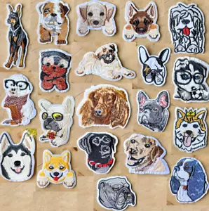Iron On Embroidery Patch Puppy Lab Frenchie Corgie Husky Dog Head Portrait - Picture 1 of 21