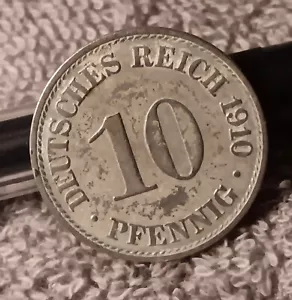 Old 1910 10 Pfennig German Coin ~ heavily Circulated , German Empire - Picture 1 of 15