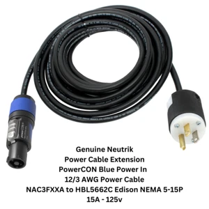 Neutrik Powercon Extension Cord Blue to Edison 125V 15A 12-14/3 SJT Wire NAC3FX - Picture 1 of 7