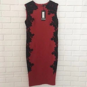 NWT AX PARIS Womens Red Pencil Sheath Dress Black Lace Detail Size US 10 - Picture 1 of 10