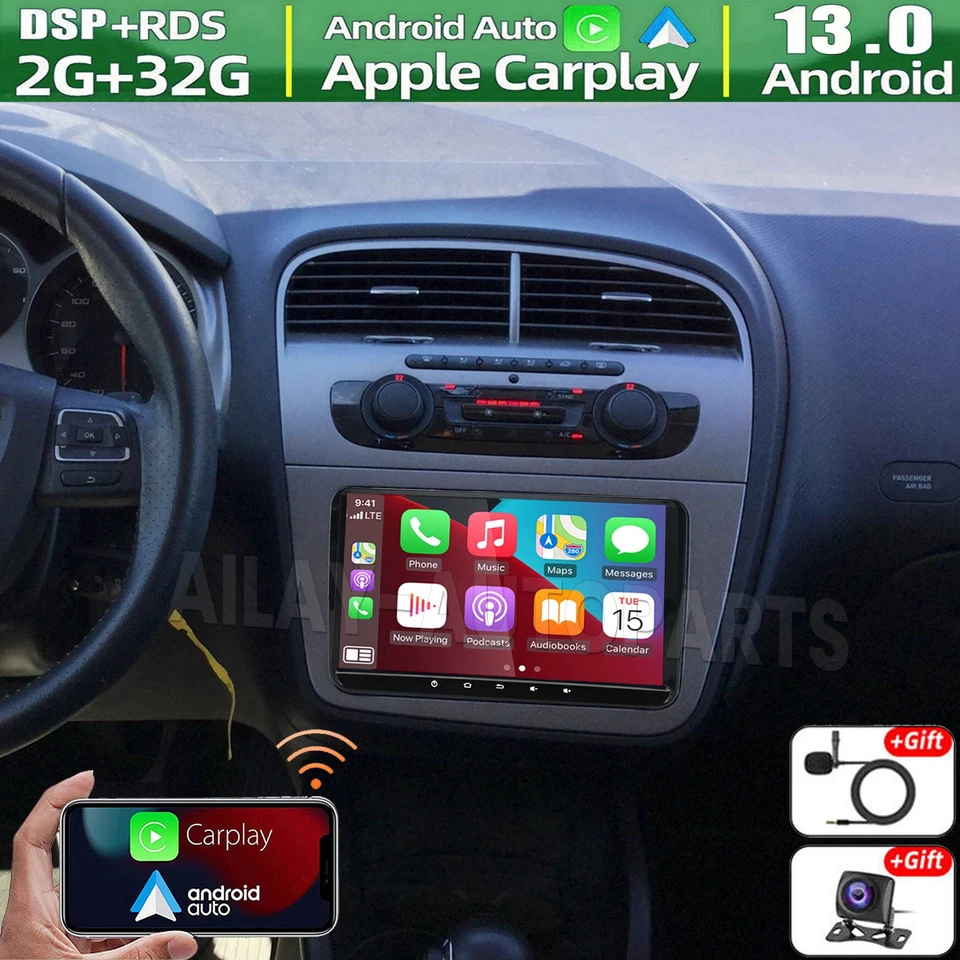 Radio estéreo para coche 9" Carplay para Seat Altea 2008-2015 Android 13 GPS navegación + cámara Foto 1 de 4