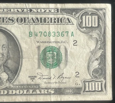 (VINTAGE!) $100 Old Vintage Small Head New York Currency B47083367A Series 1981A - Image 1 of 4