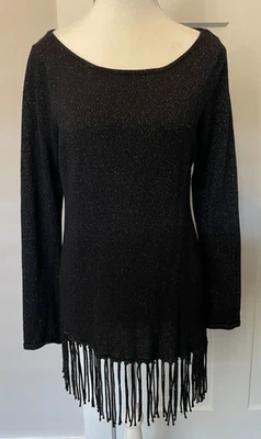WHITE HOUSE BLACK MARKET Womens SWEATER Black Long Sleeve w/ Fringe Size M - Image 1 of 4