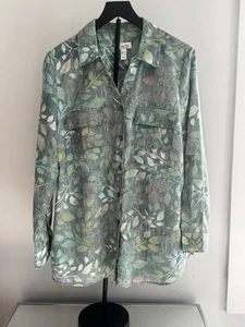 Denim & Co Women’s Sz L Green Leaf Print Button Up LS Roll Tab Blouse Top - Picture 1 of 9