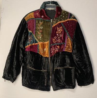 Chaqueta de Terciopelo Contempo Informal Talla Med BOHO Acolchada Retazos Cremallera Y2K Foto 1 de 4