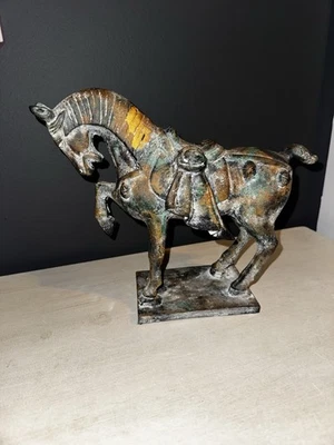 TANG Vintage Cast Iron Chinese Tang Dynasty Style War Horse Sculpture 12" x 9" - Image 1 of 4