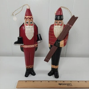 Vtg Folk Art Woodland Pencil Santa Figurines Ornaments Marked Tate - Picture 1 of 13