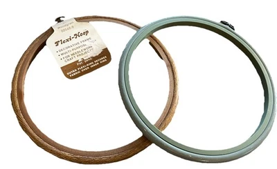 Set Of 2 Flexi-Hoop Embroidery Hoop Round Frame Vtg Plastic Green Woodgrain Sew - Image 1 of 4