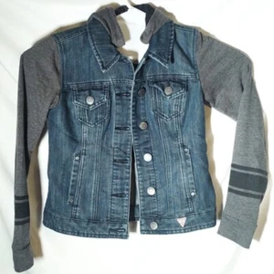 Woman’s GUESS Jean Jacket Size XS Denim Grey Striped Knit Sleeves - Picture 1 of 4