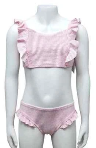 MARKS & SPENCER Niñas Bikini Rosa Blanco Rayas Tela Waffle Dos Piezas Sol Inteligente - Imagen 1 de 5