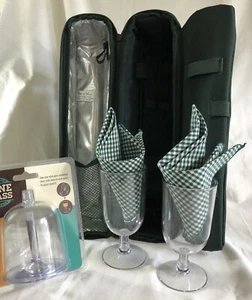 Picnic at Ascot Insulated Wine Tote 2 Acrylic Wine Glasses Napkins Bonus Glass - Picture 1 of 12