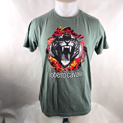 Roberto Cavalli T Shirt Mens Large Green Tiger Flames Fire Graphic Tee Crew Neck - Image 1 of 4