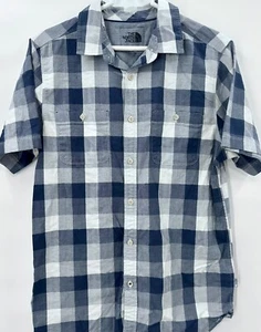 The North Face Button Up Shirt Blue Plaid Short Sleeve 2 Chest Pockets Men’s L - Picture 1 of 2