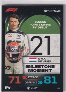 Topps F1 Turbo Attax 2023 Formel 1 Karte Nr. 178 Milestone Moment Nyck De Vries - Picture 1 of 1