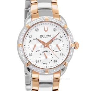 BULOVA Womens 24 Diamonds Watch, White Dial Day Date, Two-Tone Silver Rose Gold - Picture 1 of 8