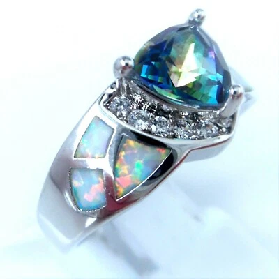 BEAUTIFUL WHITE FIRE OPAL/MYSTIC TOPAZ RING SIZE "L" - Image 1 of 4