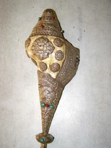 15 Zoll Tibetisches Silber blasende weiße Muschel Muschel Trompete Ritual Türkis buddhistisch - Bild 1 von 5