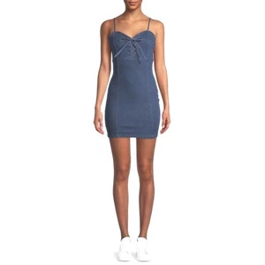 Derek Heart Juniors' Spaghetti Strap Lace Up Front Denim Dress, Blue, Small - Picture 1 of 6