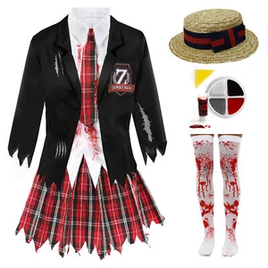 LADIES HALLOWEEN COSTUME ZOMBIE SCHOOL GIRL HORROR FANCY DRESS COSTUME ADULTS - Picture 1 of 12
